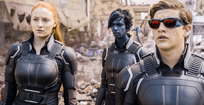 Sophie Turner as Jean Grey, Kodi Smit-McPhee as Nightcrawler, and Tye Sheridan as Cyclops.