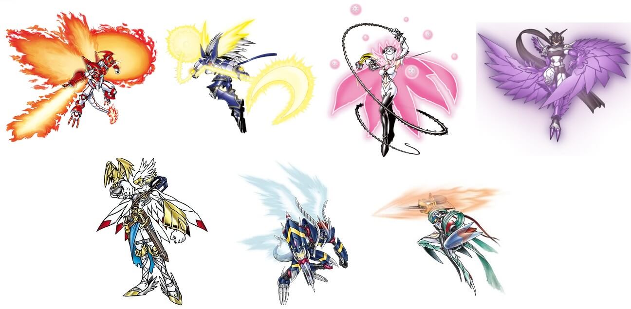 From top left to bottom right we have ShineGreymon, MirageGaogamon, Rosemon, Ravemon, Valkyrimon, Darkdramon, and Chaosmon.