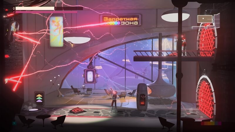 Lasers you fire can ricochet off walls and ceilings to hit targets. 