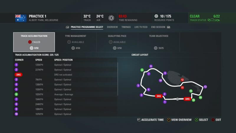 F1 2016 Practice session menu screen