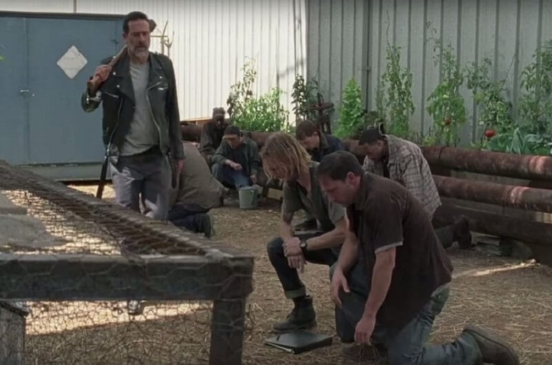 The Saviors kneeling to Negan on The Walking Dead