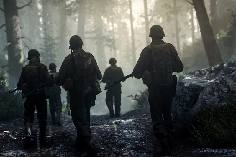COD WWII screen shot of soldiers walking in woods