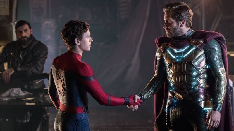 Mysterio and Spider-Man shake hands in Spider-Man: Far From Home