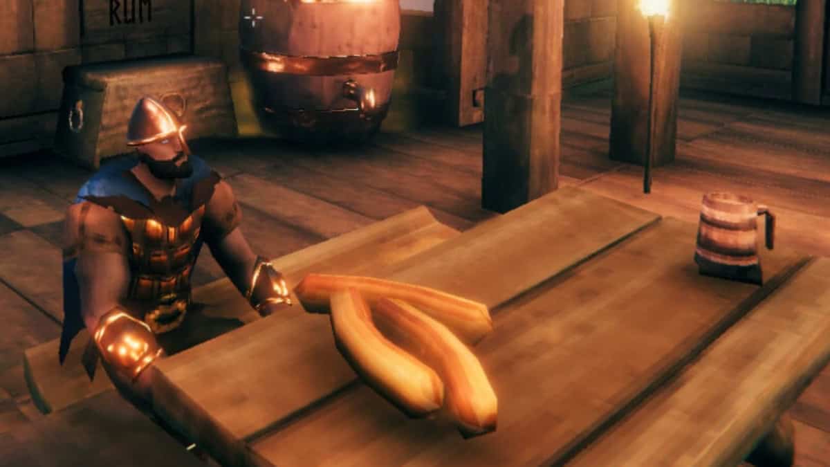 An armored character sits at a dining table in Valheim