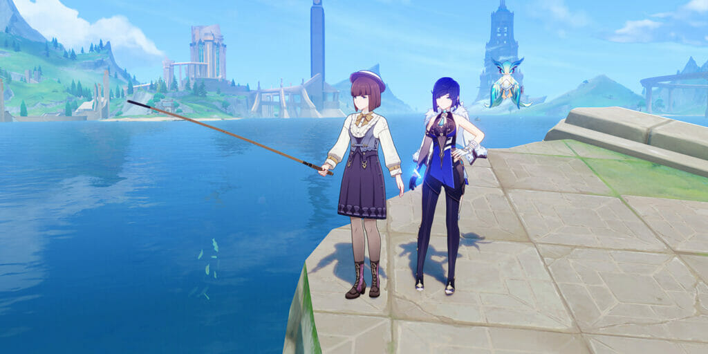 Yelan next to Fontaine Fishing Association NPC in Fontaine Genshin Impact