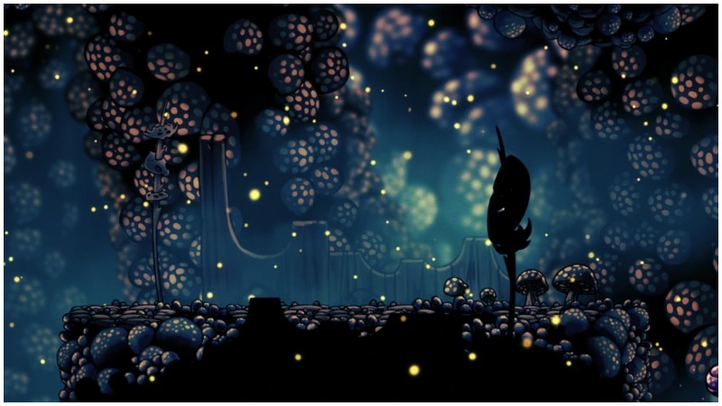 Entrance to the Mantis Village in Hollow Knight from the Fungal Wastes