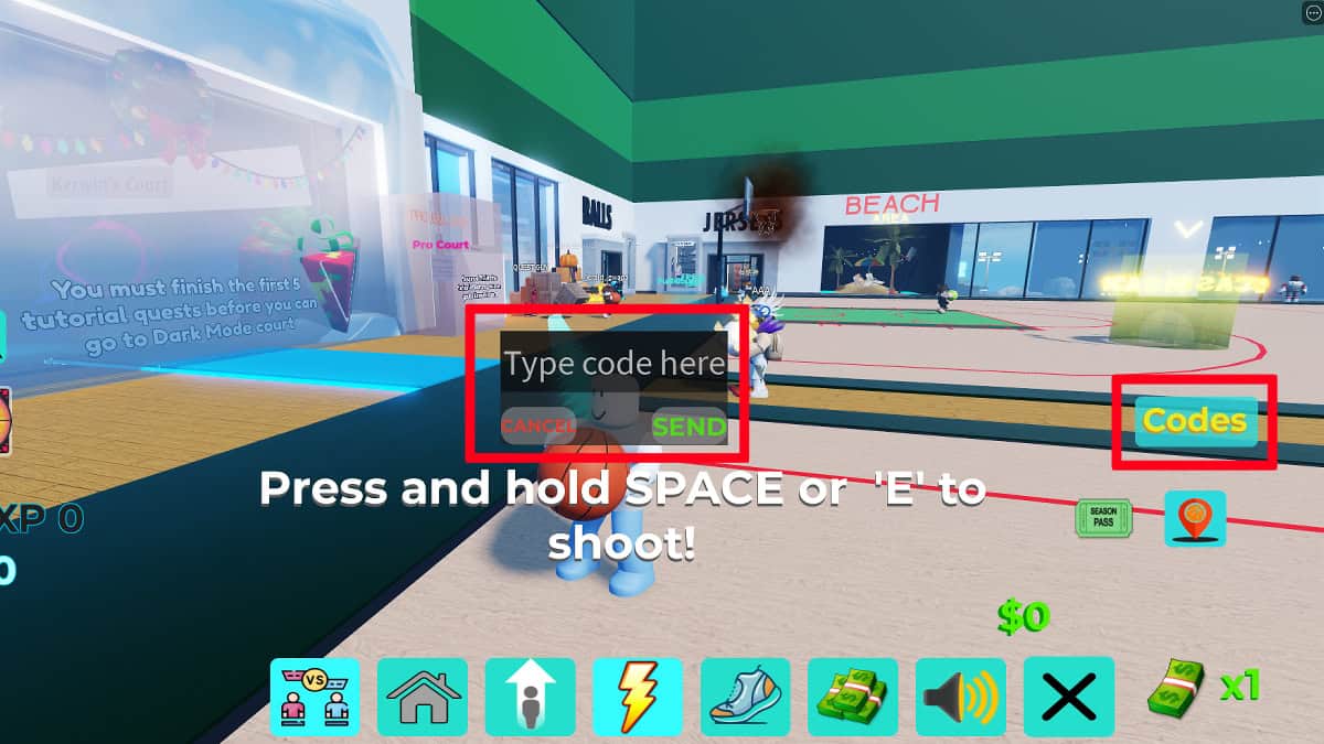 Redeeming codes in Roblox Dunking Simulator.