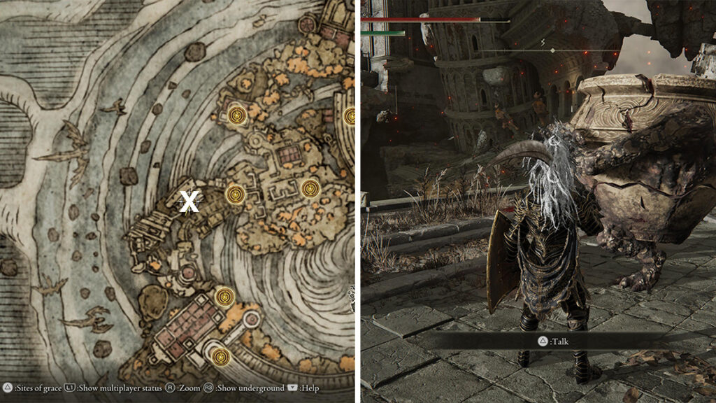 The Tarnished faces Iron fist Alexander at Crumbling Farum Azula, while a second image showcases his location there.