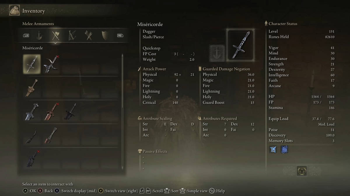 Misericorde's stats.