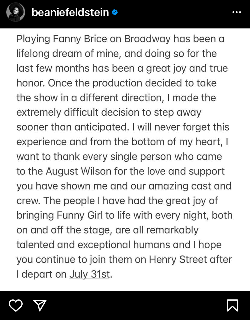 Beanie Feldstein Instagram Post Announcing Leave from Funny Girl Broadway