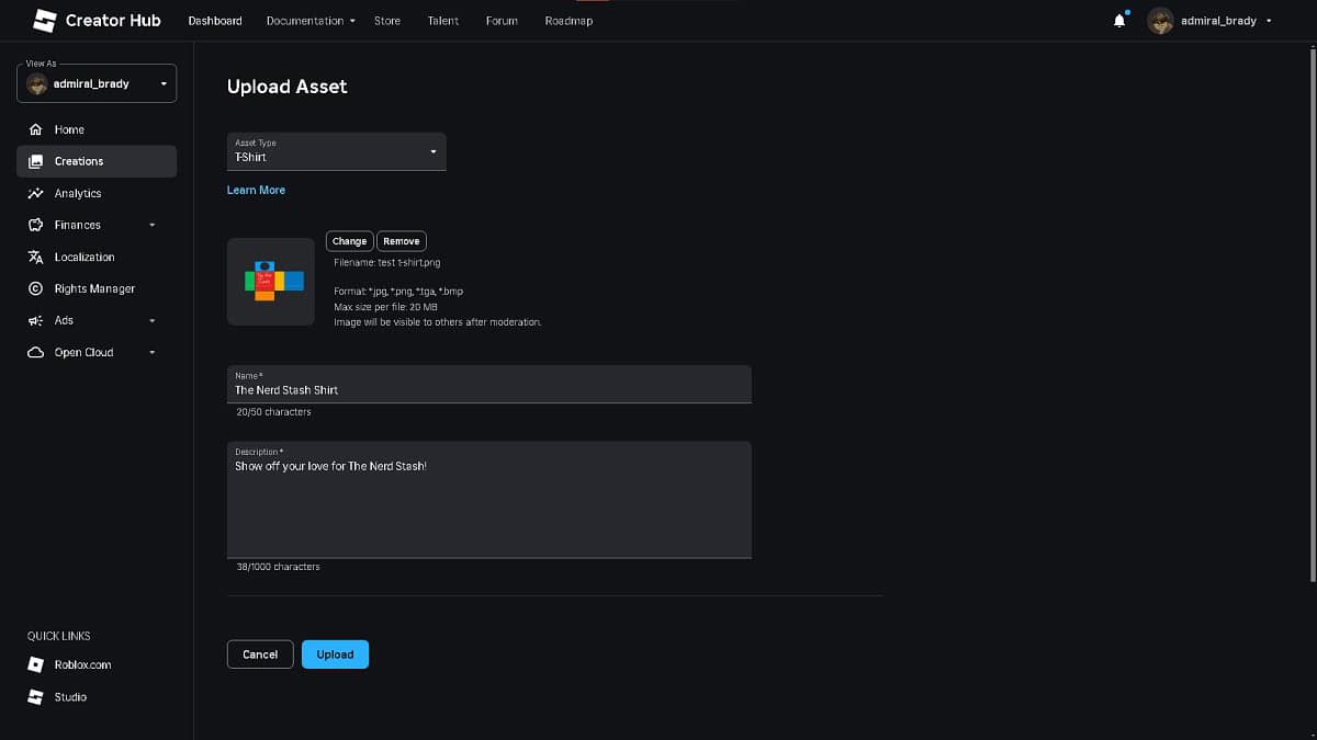 how to upload t-shirt to creator hub on roblox