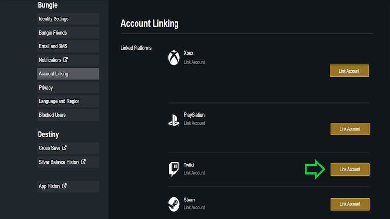 Clicking on the "Link Account" button will link your Bungie and Twitch accounts