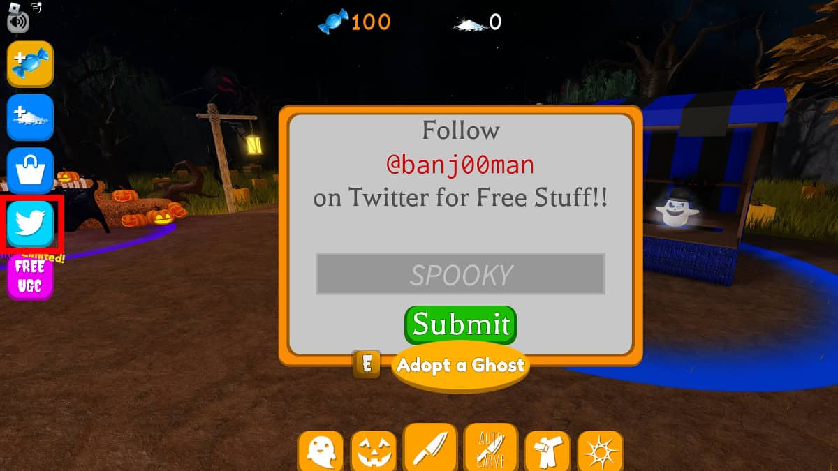 Redeeming codes in Roblox Pumpkin Carving Simulator.