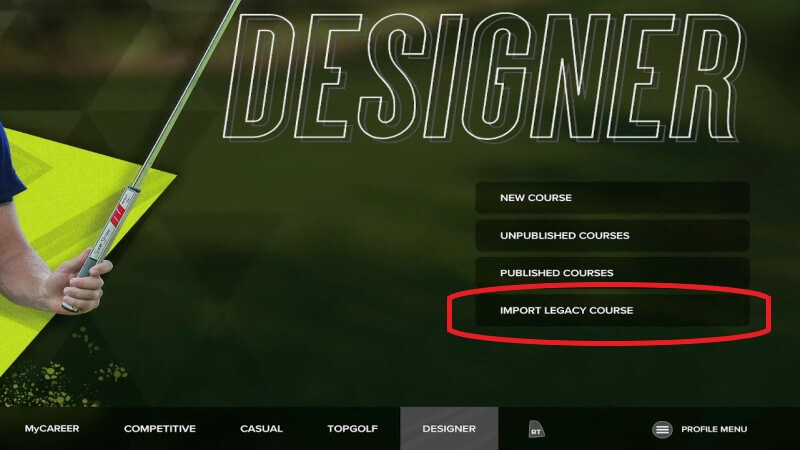 PGA Tour 2K23 Import Legacy Course Screen