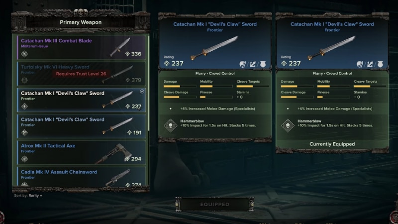 Comparing Weapon Stats for Swords in Warhammer 40,000 Darktide