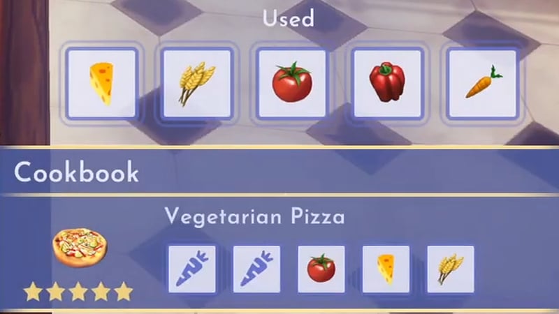Ingredients for Vegetarian Pizza Recipe in Disney Dreamlight Valley