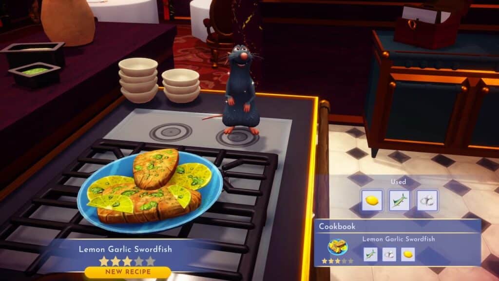 How to Make Lemon Garlic Swordfish in Disney Dreamlight Valley How to make Lemon Garlic Swordfish recipe in Disney Dreamlight Valley.