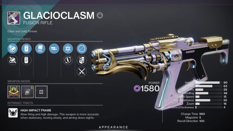 Glacioclasm Weapon Stat View in Destiny 2