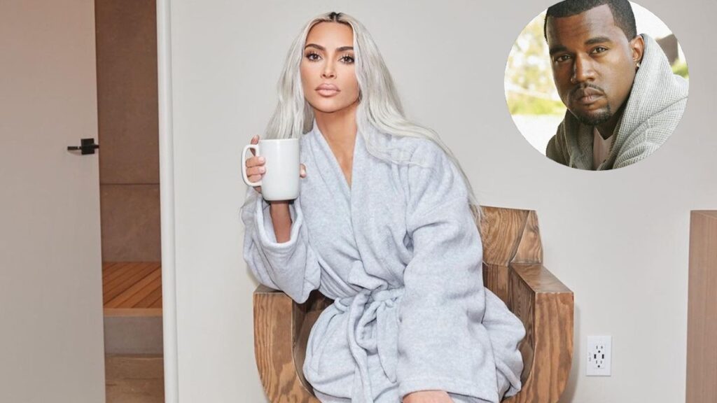 Kim Kardashian Relieved After Narrowly Escaping Divorce Trial Kim Kardashian in a bathrobe holding a mug and Kanye West cutout