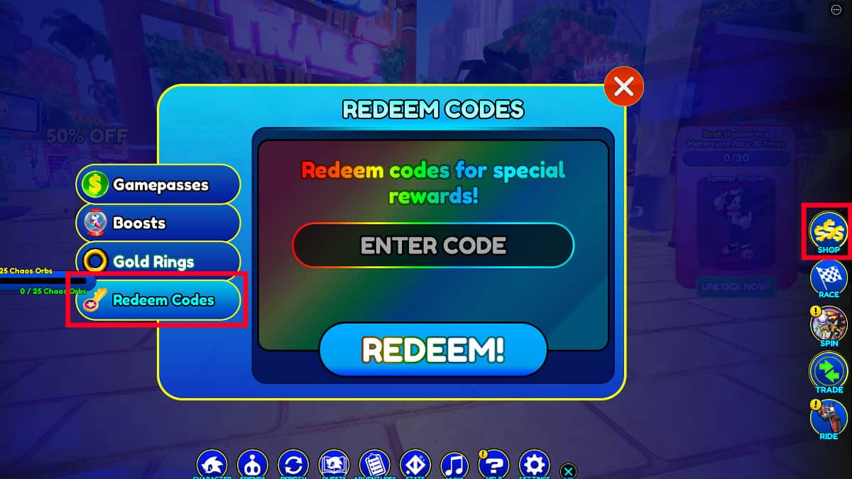 Redeeming codes in Roblox Sonic Speed Simulator.