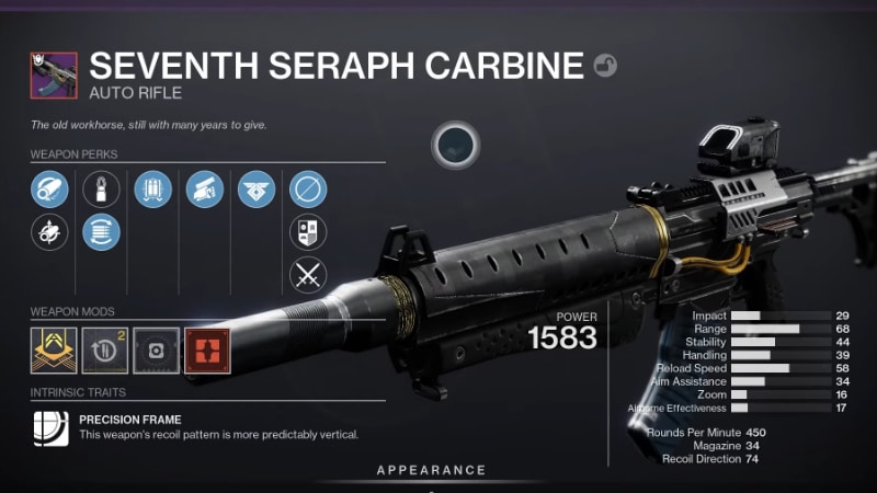 Seventh Seraph Carbine Weapon Stat View in Destiny 2