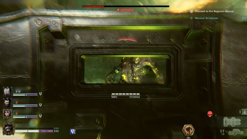 Using Ogryn's Shield to Block Daemonhost in Warhammer 40K Darktide