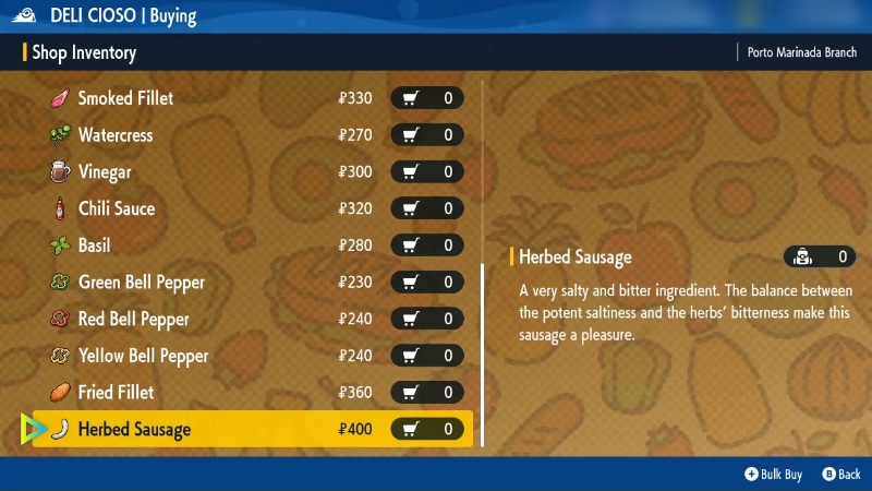 Buying Herbed Sausage in Pokémon Scarlet and Violet