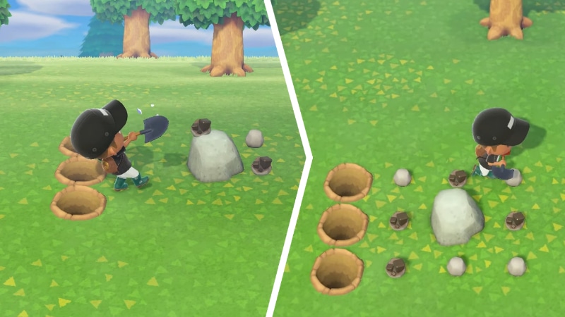 Using the Hole Method to Farm Lots of Iron Nuggets from one Rock in Animal Crossing New Horizons Screenshots Sourced from Manny The Mage