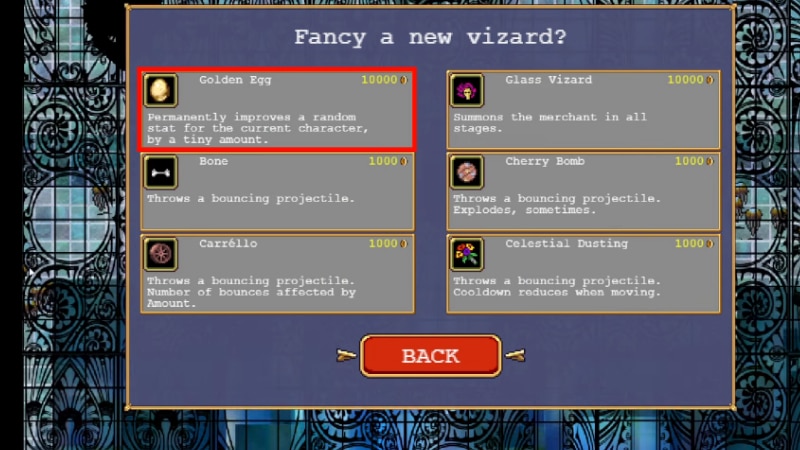 Buying a Golden Egg in Vampire Survivors from the Merchant
