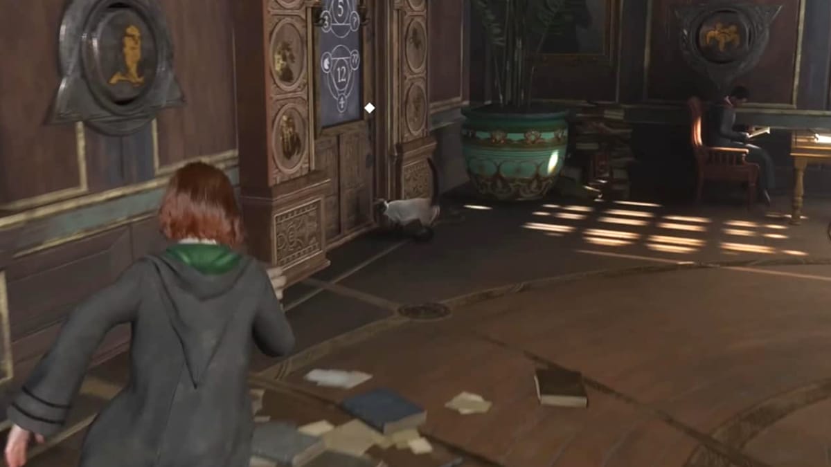 A student and a cat in Hogwarts Legacy