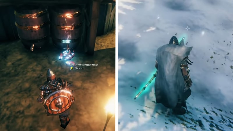 Staying Warm in the Mountains of Valheim with Wolf Armor and Frost Resistance Mead