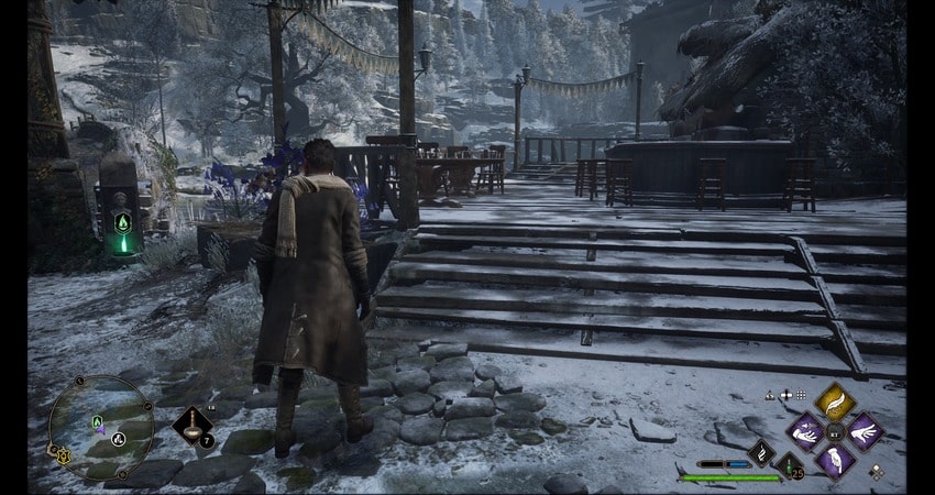 Hogwarts Legacy character looking at a bar