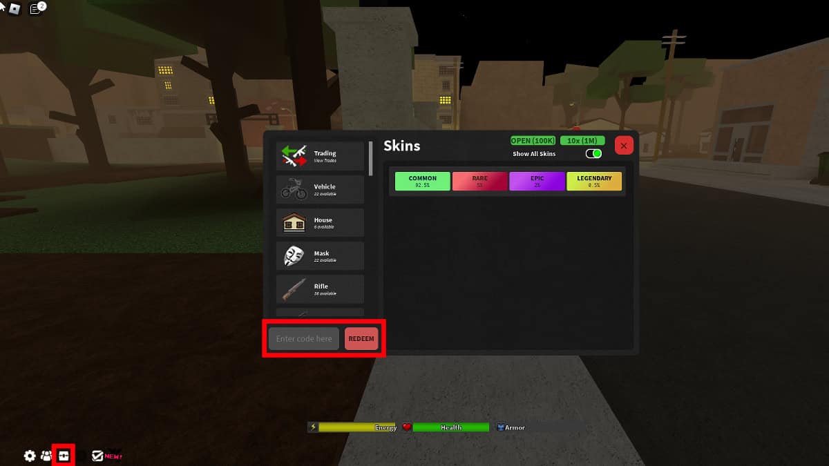 Redeeming codes in Roblox Da Hood.