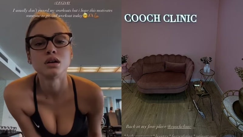 Colaj of Rose Bertram during workout session and photo taken inside Cooch clinic