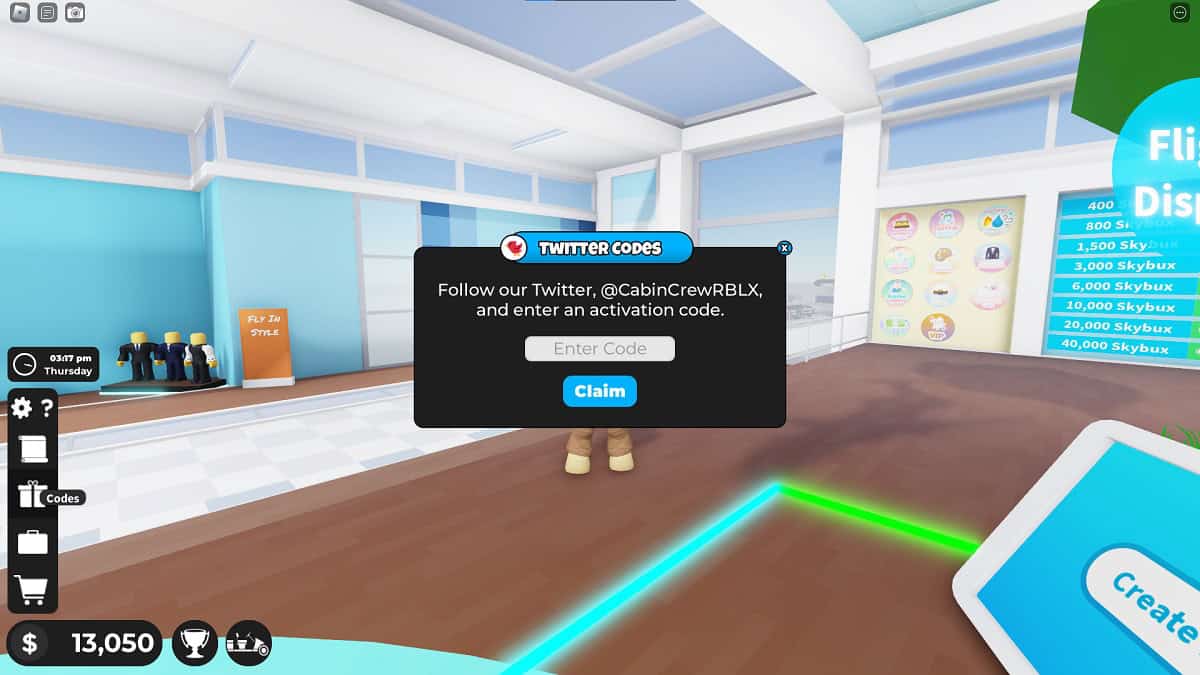 in-game roblox code redemption window for cabin crew simulator