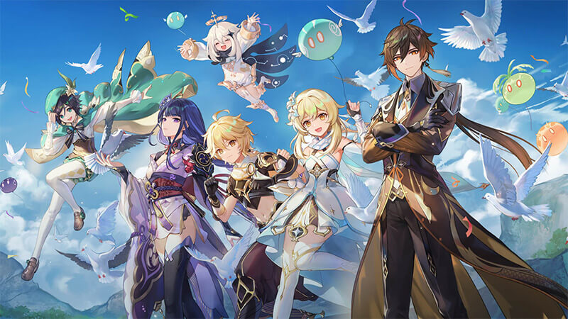 Genshin Impact's Archons and the Traveler in a line.