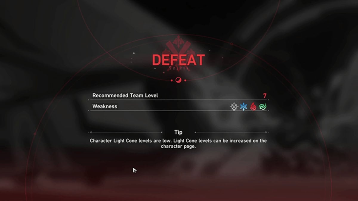 The Defeat Screen in Honkai Star Rail