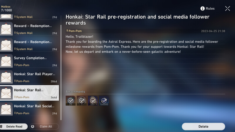 Honkai: Star Rail Redeem Rewards