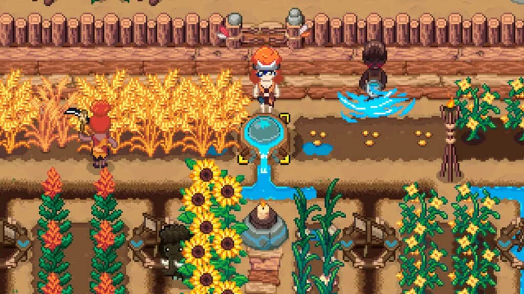 The player waters their crops in Roots of Pacha