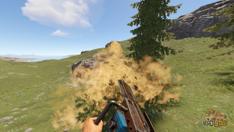 Rust character cutting down a tree with chainsaw