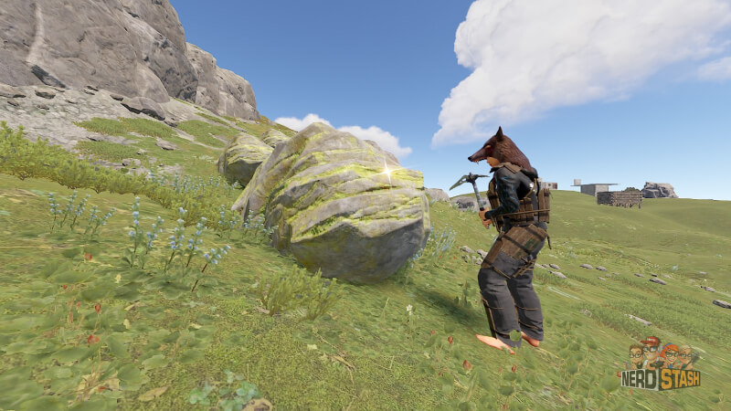 Rust player farming sulfur with pickaxe