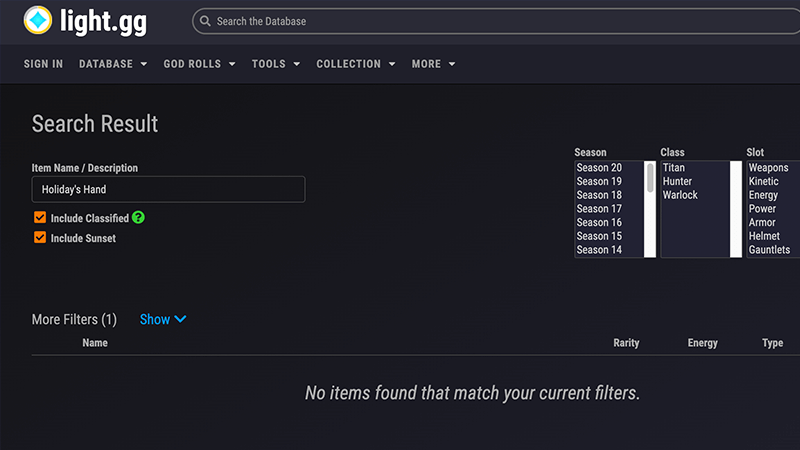 Searching Holiday's Hand in Light.gg for Destiny 2