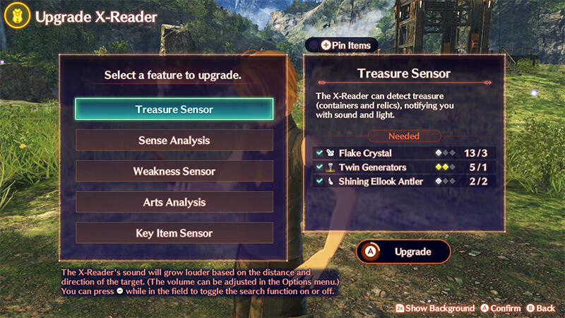 A list of potential upgrades for the X-Reader in Xenoblade Chronicles 3: Future Redeemed.