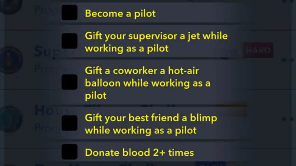 The Altruistic Aviator task list in BitLife