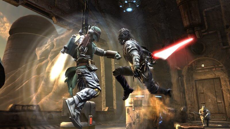 Bounty hunter fighting Sith