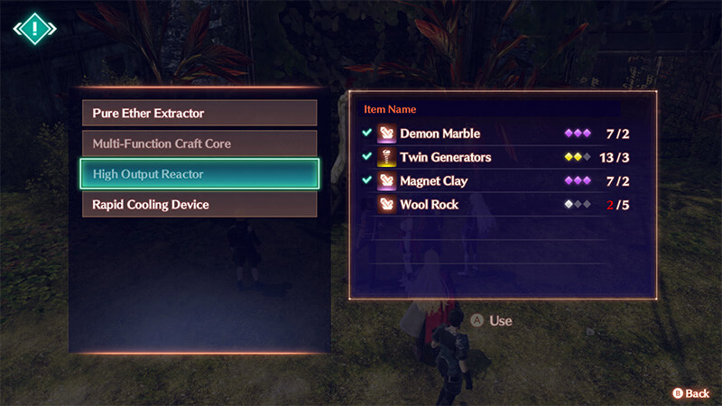 A list of material requirements for the Derelict Ether Furnace in Xenoblade Chronicles 3