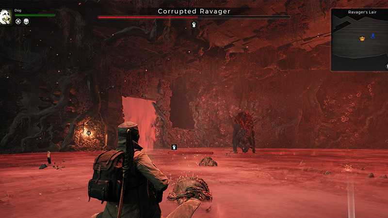 Crimson-covered floor during Corrupted Ravager battle in Remnant 2