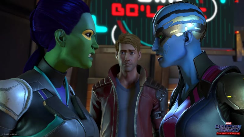 Starlord watches his companions faceoff in Guardians of the Galaxy, an interactive fiction series by Telltale Games
