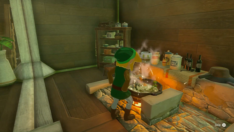 Link is cooking Copious Fried Wild Greens Recipe in Zelda: Tears of the Kingdom