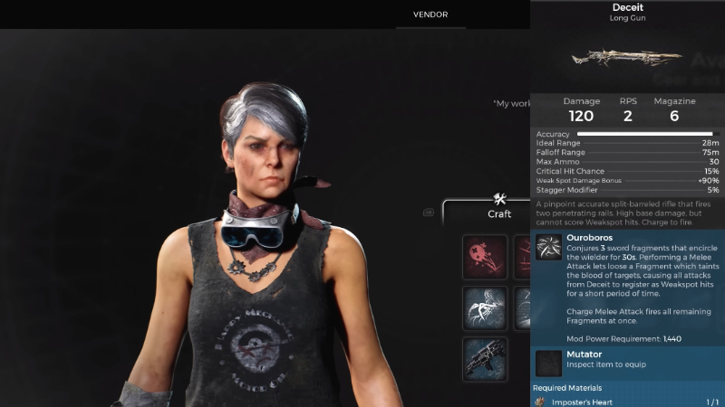 The weapon merchant showing off Deceit, one of the best boss weapons